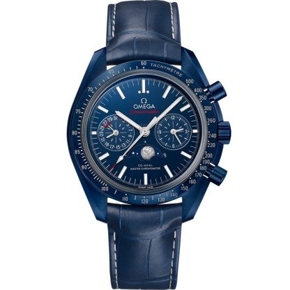 Omega Blue Side of the Moon Speedmaster Moonphase 44,25 mm, céramique bleue sur bracelet en cuir 304.93.44.52.03.001