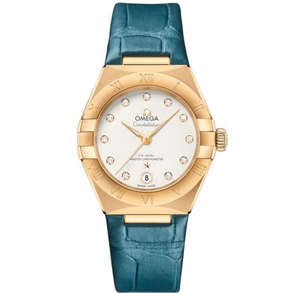 Omega Constellation 29 mm, or jaune sur bracelet en cuir 131.53.29.20.52.001