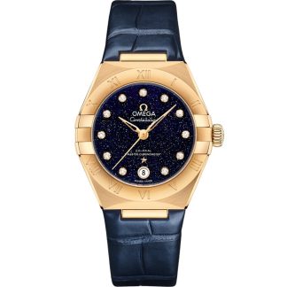 Omega Constellation 29 mm, or jaune sur bracelet en cuir 131.53.29.20.53.001