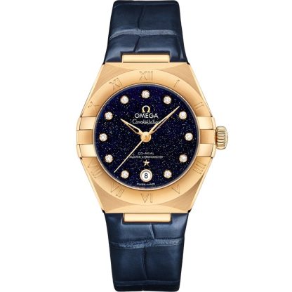 Omega Constellation 29 mm, or jaune sur bracelet en cuir 131.53.29.20.53.001
