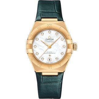 Omega Constellation 29 mm, or jaune sur bracelet en cuir 131.53.29.20.55.001