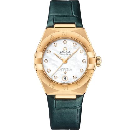 Omega Constellation 29 mm, or jaune sur bracelet en cuir 131.53.29.20.55.001
