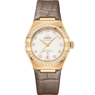 Omega Constellation 29 mm, or jaune sur bracelet en cuir 131.58.29.20.52.001