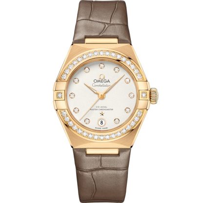 Omega Constellation 29 mm, or jaune sur bracelet en cuir 131.58.29.20.52.001