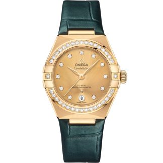 Omega Constellation 29 mm, or jaune sur bracelet en cuir 131.58.29.20.58.001